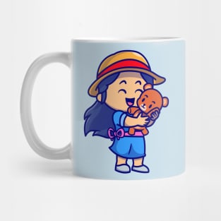 Cute Girl With Teddy Bear Doll Cartoon Mug